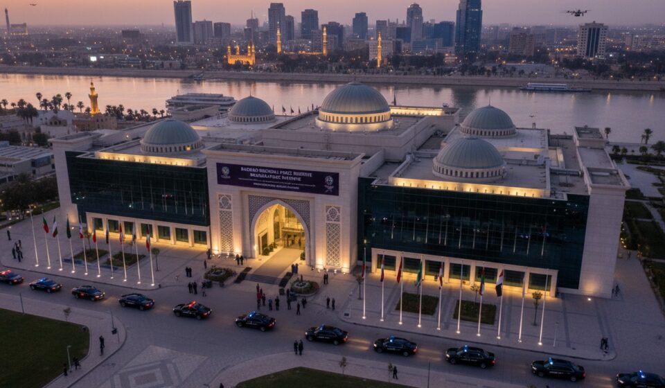 An aerial view shows a motorcade of black vehicles arriving at the illuminated Baghdad Peace Initiative building along the Tigris River at sunset.