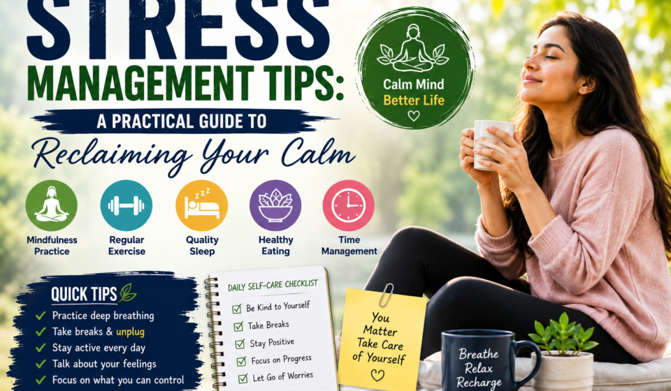 Stress Management Tips: A Practical Guide to a Calmer and Healthier Life Stress is a normal part of everyday life. Work responsibilities, financial concerns, family matters, academic pressure, relationship problems, health worries, and an endless stream of information can all make us feel overwhelmed. A certain amount of stress can actually help us stay alert and motivated. However, when stress becomes frequent, intense, or difficult to control, it can affect our physical health, emotional well-being, productivity, sleep, and relationships. The good news is that stress can often be managed through simple, consistent lifestyle changes. You do not always need a complicated solution. Small habits—such as getting enough sleep, exercising regularly, organizing your responsibilities, taking short breaks, practicing relaxation techniques, and talking to someone you trust—can make a meaningful difference. This guide explores practical stress management tips that can help you understand stress, recognize its warning signs, and build healthier ways to cope with everyday challenges. What Is Stress? Stress is the body's natural response to a demanding or challenging situation. When your brain perceives a threat or pressure, your body can enter a state of heightened alertness. Hormones such as adrenaline and cortisol help prepare you to respond. This response can be useful in certain situations. For example, a little stress before an examination may encourage you to study, while pressure before an important presentation may help you concentrate. The problem usually begins when stress becomes constant. If your body and mind remain in a heightened state for long periods, you may experience tiredness, irritability, difficulty concentrating, poor sleep, headaches, muscle tension, or changes in appetite. Learning to manage stress does not mean eliminating every stressful situation. Instead, it means developing healthier ways to respond when challenges appear. Common Signs of Stress Stress can affect people differently. Some individuals notice physical symptoms first, while others experience emotional or behavioral changes. Common signs include: Feeling constantly worried or overwhelmed Irritability or anger Difficulty concentrating Trouble falling asleep or staying asleep Feeling tired even after resting Headaches or muscle tension Changes in appetite Avoiding people or activities Reduced motivation Racing thoughts Difficulty making decisions Increased reliance on unhealthy coping habits Recognizing these signs early can help you take action before stress becomes more difficult to manage. 1. Identify Your Main Sources of Stress One of the first steps in managing stress is understanding where it comes from. Spend a few minutes thinking about the situations that repeatedly make you feel pressured. Your stress may be related to work, money, relationships, studies, family responsibilities, social media, lack of sleep, or an overloaded schedule. Consider keeping a simple stress journal. Write down: What happened? How did you feel? What thoughts went through your mind? How did you respond? What could you do differently next time? You may begin to notice patterns. Once you know your common triggers, it becomes easier to develop specific solutions. 2. Create a Realistic Daily Schedule An overloaded schedule can make even simple tasks feel overwhelming. Instead of trying to complete everything at once, organize your day into manageable sections. Write down the most important tasks and focus on them one at a time. A simple daily system could include: Choose three important tasks. Break large tasks into smaller steps. Estimate how much time each task requires. Include short breaks. Leave some flexible time for unexpected responsibilities. Avoid filling every minute of your day. A realistic schedule should give you room to breathe. 3. Practice Deep Breathing Deep breathing is a simple relaxation technique that can be practiced almost anywhere. When you feel stressed, slow your breathing and focus your attention on each breath. For example, breathe in gently, pause briefly, and then breathe out slowly. The goal is not to perform a perfect breathing exercise. The goal is to interrupt the cycle of racing thoughts and give yourself a moment to slow down. Even a few minutes of quiet breathing may help you feel more composed. 4. Exercise Regularly Physical activity is one of the most useful habits for supporting overall well-being. You do not necessarily need an expensive gym membership or an intense workout routine. Walking, cycling, swimming, stretching, dancing, jogging, or playing a sport can all provide opportunities to move your body. Regular physical activity can help improve mood, support better sleep, and provide a healthy break from stressful thoughts. If you have been inactive, start gradually. A short daily walk may be more sustainable than beginning with an extremely demanding workout plan. 5. Get Enough Quality Sleep Stress and poor sleep can create a difficult cycle. Stress can make it harder to sleep, while insufficient sleep can make everyday problems feel more difficult. Try to establish a consistent sleep routine. Helpful habits include: Going to bed and waking up at similar times Creating a relaxing bedtime routine Limiting stimulating activities before bed Keeping your bedroom comfortable and quiet Avoiding excessive caffeine late in the day Giving yourself enough time to rest If sleep problems continue for a long time or seriously affect daily life, consider discussing them with a qualified healthcare professional. 6. Take Regular Breaks Working continuously does not necessarily mean working efficiently. When you spend hours concentrating without a break, mental fatigue can build up. Short breaks can give your mind an opportunity to reset. During a break, consider: Standing up and stretching Walking around Drinking water Looking away from the screen Taking a few slow breaths Listening to calming music Talking briefly with someone A break should ideally help you recover rather than simply replacing one stressful activity with another. 7. Reduce Unnecessary Screen Time Phones, social media, news feeds, emails, and constant notifications can keep your mind busy throughout the day. You may not realize how much mental energy is consumed by repeatedly checking messages or scrolling through content. Try creating specific periods when you disconnect from unnecessary notifications. For example, you might: Turn off nonessential notifications Avoid checking your phone immediately after waking Take screen-free breaks Stop scrolling shortly before bedtime Set specific times to check email and social media You do not need to completely avoid technology. The goal is to use it intentionally instead of allowing it to constantly interrupt your attention. 8. Eat a Balanced Diet and Stay Hydrated When people are stressed, they may skip meals, overeat, or rely heavily on highly processed foods and caffeinated beverages. A balanced diet supports overall health and can help you maintain steady energy throughout the day. Try to include a variety of: Vegetables Fruits Whole grains Protein-rich foods Healthy sources of fat Adequate fluids There is no single food that eliminates stress. Instead, focus on consistent, balanced eating habits. 9. Learn to Say “No” Taking on too many responsibilities can quickly lead to burnout. Many people agree to requests because they are afraid of disappointing others. However, constantly saying yes can leave you with little time for your own priorities. Learning to politely say no is an important stress management skill. You can say something simple such as: “I appreciate you asking, but I don't have enough time to take this on right now.” Setting reasonable boundaries does not mean you do not care about others. It means you recognize your own limits. 10. Break Large Problems Into Smaller Steps A major source of stress is feeling that a problem is too large to solve. Instead of focusing on the entire problem, identify the next action you can realistically take. For example, if you have a large project, do not think only about finishing the entire project. Break it into smaller steps: Research the topic Create an outline Complete the first section Review the work Make corrections Finish the final version Small accomplishments can create a sense of progress and make difficult tasks feel more manageable. 11. Practice Mindfulness Mindfulness means paying attention to the present moment rather than constantly worrying about the past or future. You can practice mindfulness while sitting quietly, walking, eating, or doing everyday activities. Try noticing: What you can see What you can hear What you can feel Your breathing Your surroundings When your mind wanders, gently return your attention to the present. You do not have to meditate for an hour. Starting with a few quiet minutes may be enough to develop the habit. 12. Spend Time With Supportive People Social connection can be an important part of stress management. When you are struggling, talking to a trusted friend, family member, teacher, colleague, or other supportive person can make problems feel less overwhelming. You do not always need someone to solve your problem. Sometimes simply being heard can be helpful. Make time for healthy relationships rather than isolating yourself whenever stress becomes difficult. 13. Make Time for Hobbies Life should not consist entirely of work and responsibilities. Hobbies can provide a healthy mental break and give you something enjoyable to look forward to. Consider activities such as: Reading Gardening Cooking Drawing Photography Listening to music Playing sports Traveling Watching a favorite movie Learning a new skill Choose activities that genuinely make you feel refreshed rather than activities you feel obligated to complete. 14. Challenge Negative Thinking Stress can sometimes make our thoughts more negative than the situation actually requires. For example, you might think: “I am going to fail everything.” Try replacing extreme thinking with a more realistic statement: “This situation is difficult, but I can handle it one step at a time.” This does not mean pretending that problems do not exist. Instead, it means avoiding unnecessary catastrophic thinking. Ask yourself: Is this thought based on facts? Am I assuming the worst? What would I tell a friend in the same situation? What is one thing I can control right now? These questions can help create a more balanced perspective. 15. Focus on What You Can Control One of the most exhausting parts of stress is worrying about things you cannot change. You cannot control every person's behavior, every outcome, or every unexpected event. Try dividing your concerns into two categories: Things I can control: My actions, preparation, schedule, communication, habits, and responses. Things I cannot control: Other people's opinions, unexpected events, the past, and many external circumstances. Spend more energy on the first category. 16. Avoid Unhealthy Coping Methods When stress becomes intense, people may look for quick ways to escape it. Some coping habits can create additional problems rather than solving the original issue. Examples include excessive alcohol use, smoking, recreational drug use, overeating, extreme isolation, or spending excessive amounts of time online. A healthier approach is to replace harmful coping behaviors with constructive alternatives such as exercise, relaxation, social connection, hobbies, journaling, or professional support. 17. Practice Time Management Poor time management can make ordinary responsibilities feel like emergencies. Try using simple techniques such as: Making a priority list Setting deadlines Using reminders Grouping similar tasks Limiting unnecessary multitasking Starting difficult tasks earlier Breaking projects into smaller stages Remember that being busy is not the same as being productive. 18. Give Yourself Permission to Rest Rest is not laziness. Your body and mind need recovery time. If you constantly push yourself without adequate rest, your ability to concentrate and manage challenges may suffer. Schedule rest just as you schedule important responsibilities. Even a quiet evening, a walk outside, or time spent doing nothing productive can be valuable. 19. Keep a Gratitude Practice Gratitude does not eliminate problems, but it can encourage you to notice positive aspects of life that may otherwise be overlooked. At the end of the day, write down two or three things you appreciate. They do not have to be major achievements. You might be grateful for: A supportive conversation A good meal A peaceful morning Completing an important task Time with family A beautiful sunset The purpose is to develop a habit of recognizing positive experiences alongside difficulties. 20. Know When to Seek Professional Help Sometimes stress becomes too difficult to manage alone. Consider speaking with a qualified mental health professional or healthcare provider if stress is persistent, significantly interfering with daily life, causing severe sleep problems, or accompanied by overwhelming emotional distress. Seeking professional support is not a sign of weakness. It is a practical step toward taking care of yourself. If you ever feel that you may hurt yourself or someone else, seek immediate help from local emergency services or a crisis service in your country. A Simple Stress Management Routine You do not need to adopt all these habits at once. Start with a few manageable changes. Morning Wake up at a consistent time. Drink some water. Spend a few minutes stretching or walking. Identify your three most important tasks. During the Day Work on one task at a time when possible. Take short breaks. Eat regular balanced meals. Move your body. Limit unnecessary notifications. Evening Finish essential responsibilities. Spend some time on a relaxing activity. Reduce stimulating screen use before bed. Reflect on what went well. Prepare for tomorrow without overloading your schedule. Before Sleep Take a few minutes to slow down. Practice gentle breathing, read something relaxing, or simply sit quietly. Consistency matters more than perfection. Final Thoughts Stress is an unavoidable part of modern life, but feeling stressed does not mean you have to remain overwhelmed. Effective stress management is usually built from small, repeatable habits rather than one magical solution. Start by identifying your biggest stress triggers. Then make realistic changes: move your body regularly, prioritize sleep, organize your responsibilities, take breaks, maintain supportive relationships, practice relaxation, and give yourself time to rest. Most importantly, be patient with yourself. Healthy stress management is a process. Some days will be easier than others, and that is normal. The goal is not to create a completely stress-free life. The goal is to develop the skills and habits that help you respond to challenges with greater balance, resilience, and calm. Frequently Asked Questions 1. What is the best way to manage stress? There is no single best method for everyone. Regular exercise, sufficient sleep, relaxation techniques, good time management, social support, and healthy daily routines can all help. 2. Can exercise reduce stress? Yes. Regular physical activity can support mood, improve overall well-being, and provide a healthy way to release tension. 3. How can I reduce stress quickly? Try stepping away from the stressful situation for a few minutes, taking slow breaths, stretching, walking, drinking water, or talking with someone you trust. 4. Does lack of sleep increase stress? Poor or insufficient sleep can make it harder to cope with everyday challenges and may contribute to feeling more irritable, tired, or overwhelmed. 5. When should I seek professional help for stress? If stress persists, seriously affects your daily life, disrupts sleep, or becomes difficult to manage on your own, consider speaking with a qualified healthcare or mental health professional.