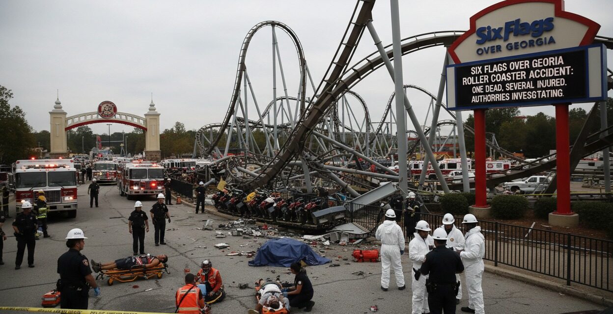 Police officers and rescue workers respond to an accident scene at the Six Flags Over Georgia amusement park, with a roller coaster in the background and a sign reporting a fatal accident.