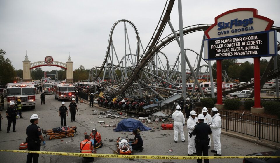 Police officers and rescue workers respond to an accident scene at the Six Flags Over Georgia amusement park, with a roller coaster in the background and a sign reporting a fatal accident.